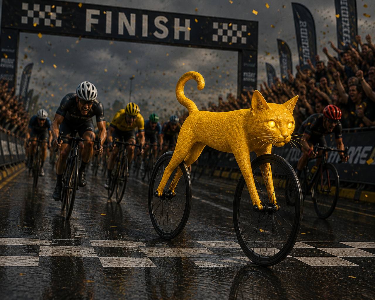 CATECYCLE cat crossing the finish line ahead of the pro peloton
