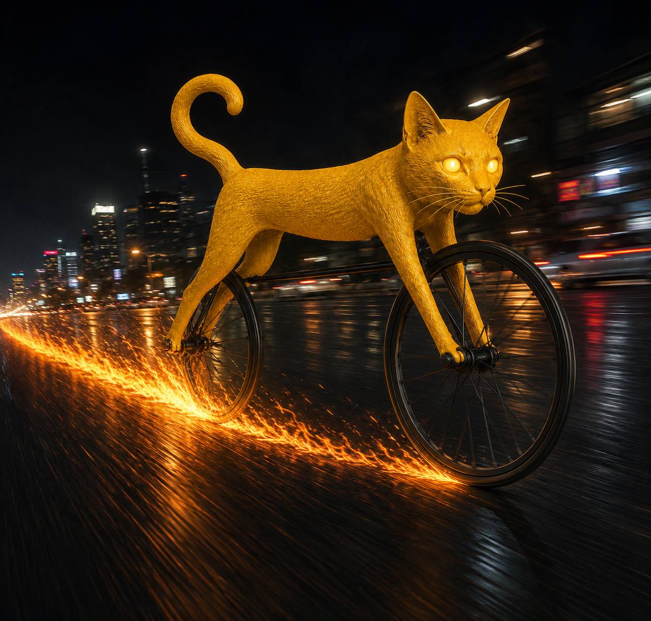 CATECYCLE cat leaving a trail of fire through a neon night city