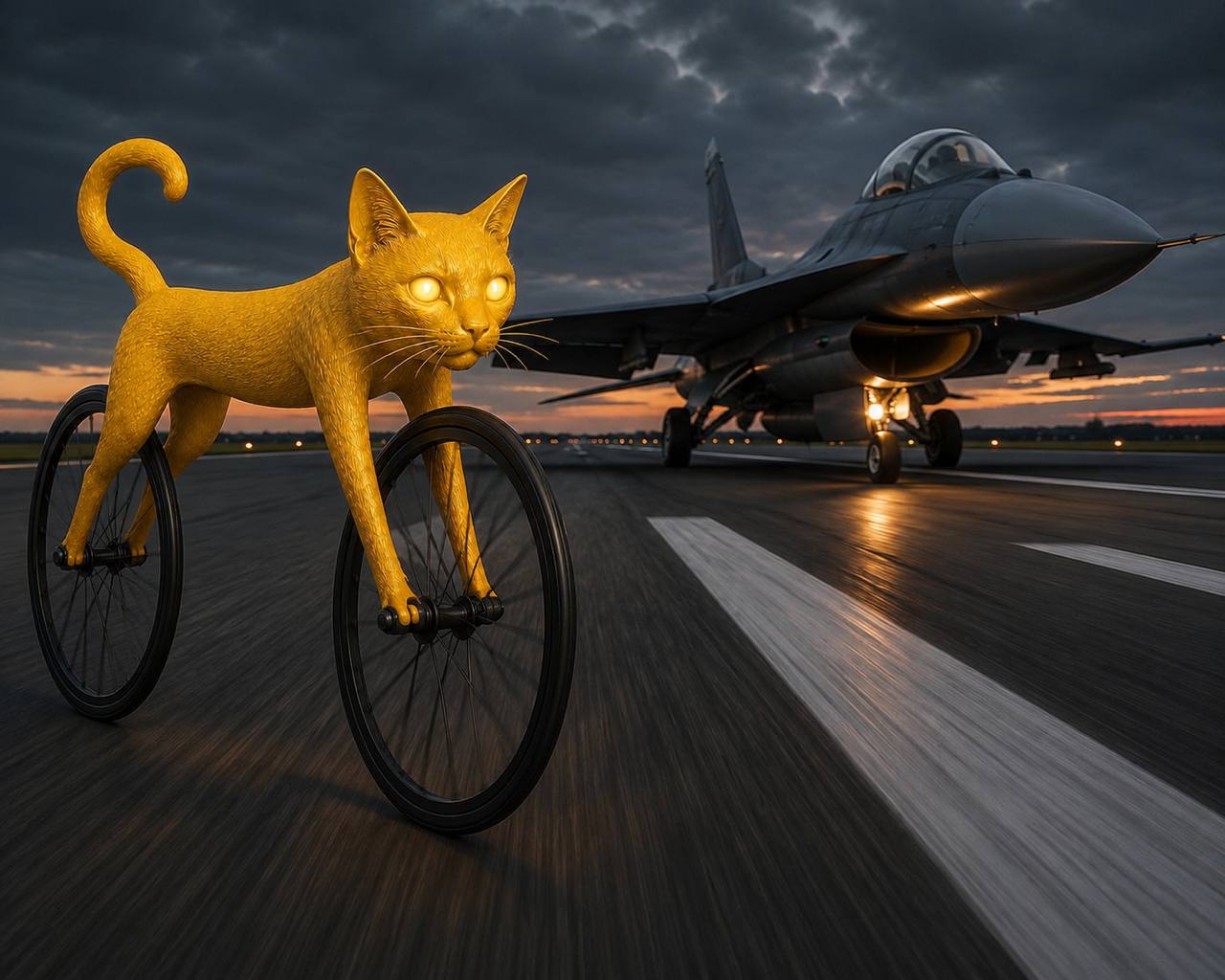 CATECYCLE cat racing a fighter jet down the runway at dusk
