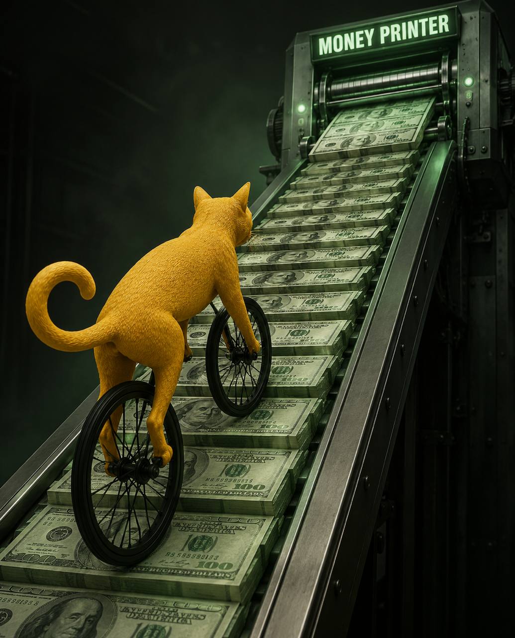 CATECYCLE cat climbing a conveyor of freshly printed hundred dollar bills